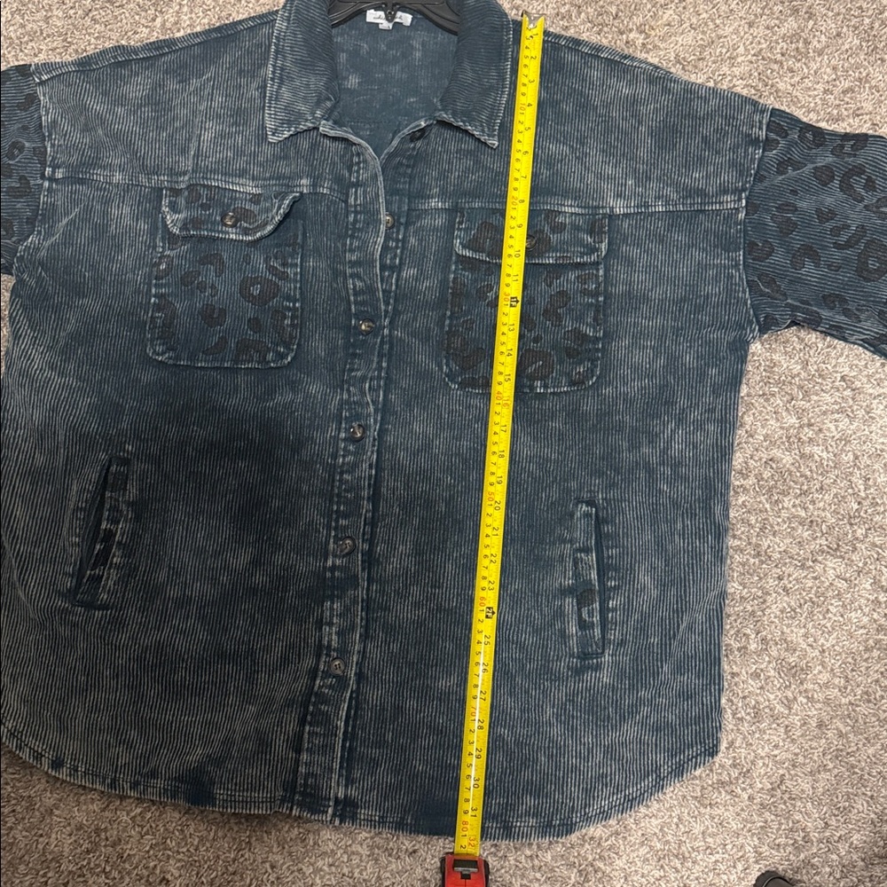 White Birch Blue Corduroy Shacket with Animal Print Accents. 2X - Picture 5 of 8